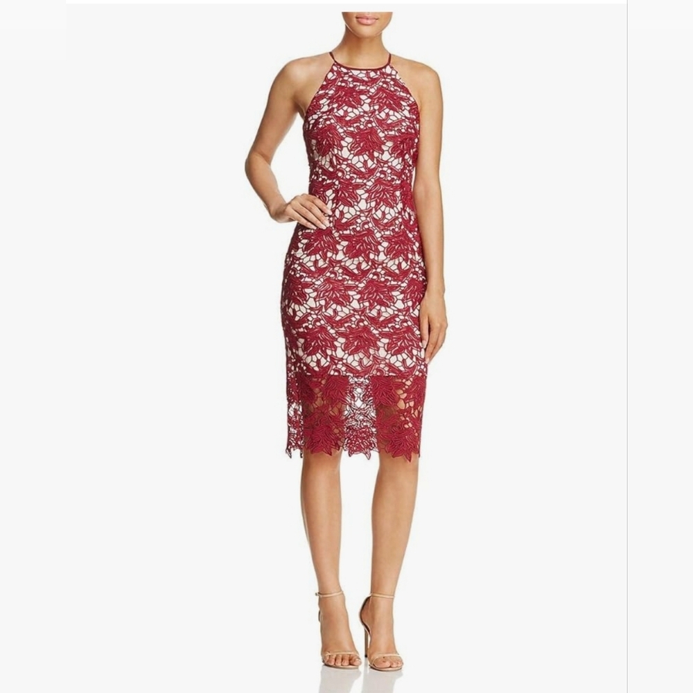 Keepsake The Label True Love Halter Lace Midi Sheath Dress Berry Size Small